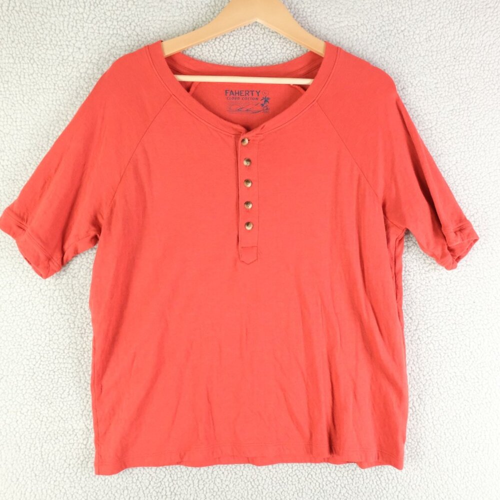 Faherty Top Womens Large Red Corral Henley Shirt Cropped Short Sleeve Stretchy